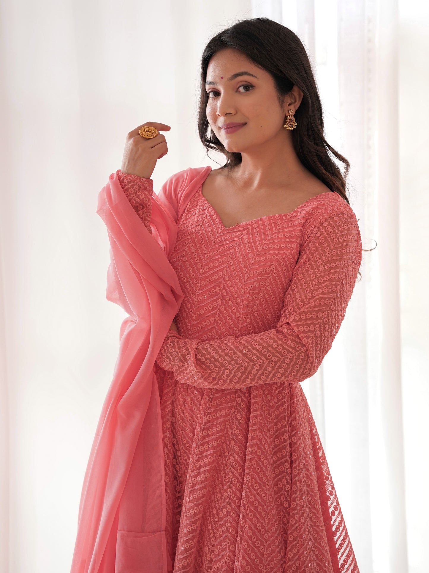 Marvelous Pink Embroidered Georgette Engagement Anarkali Suit