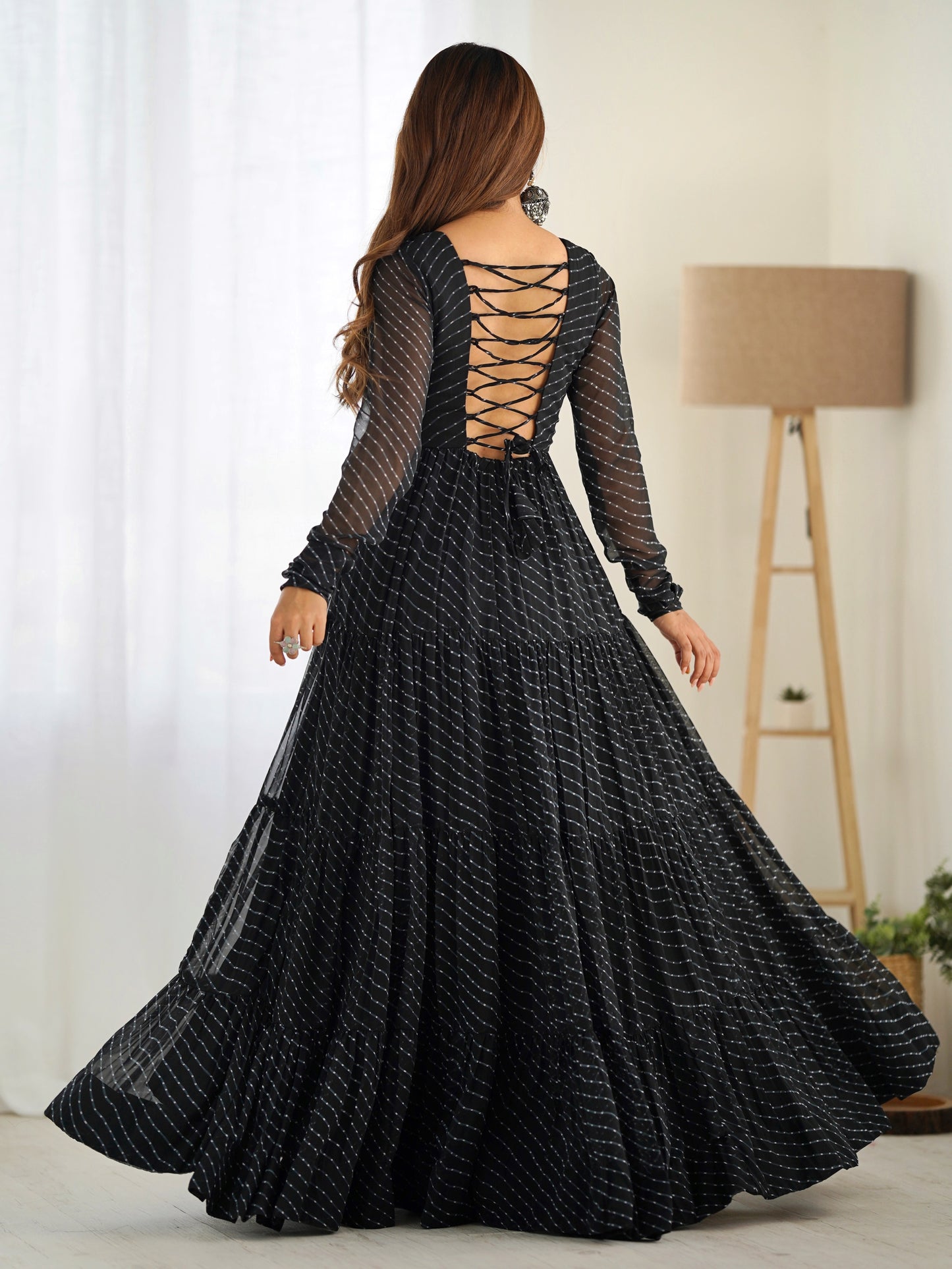 Attractive Black Leheriya Printed Georgette Event Wear Gown