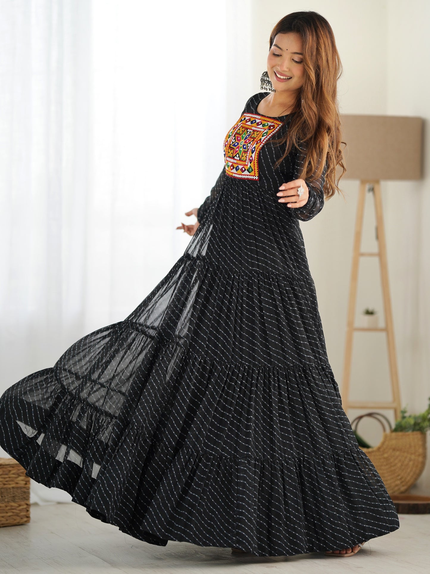 Attractive Black Leheriya Printed Georgette Event Wear Gown