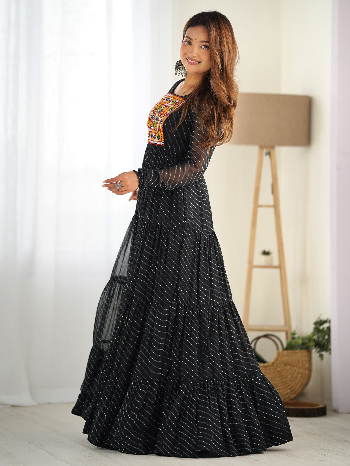 Attractive Black Leheriya Printed Georgette Event Wear Gown