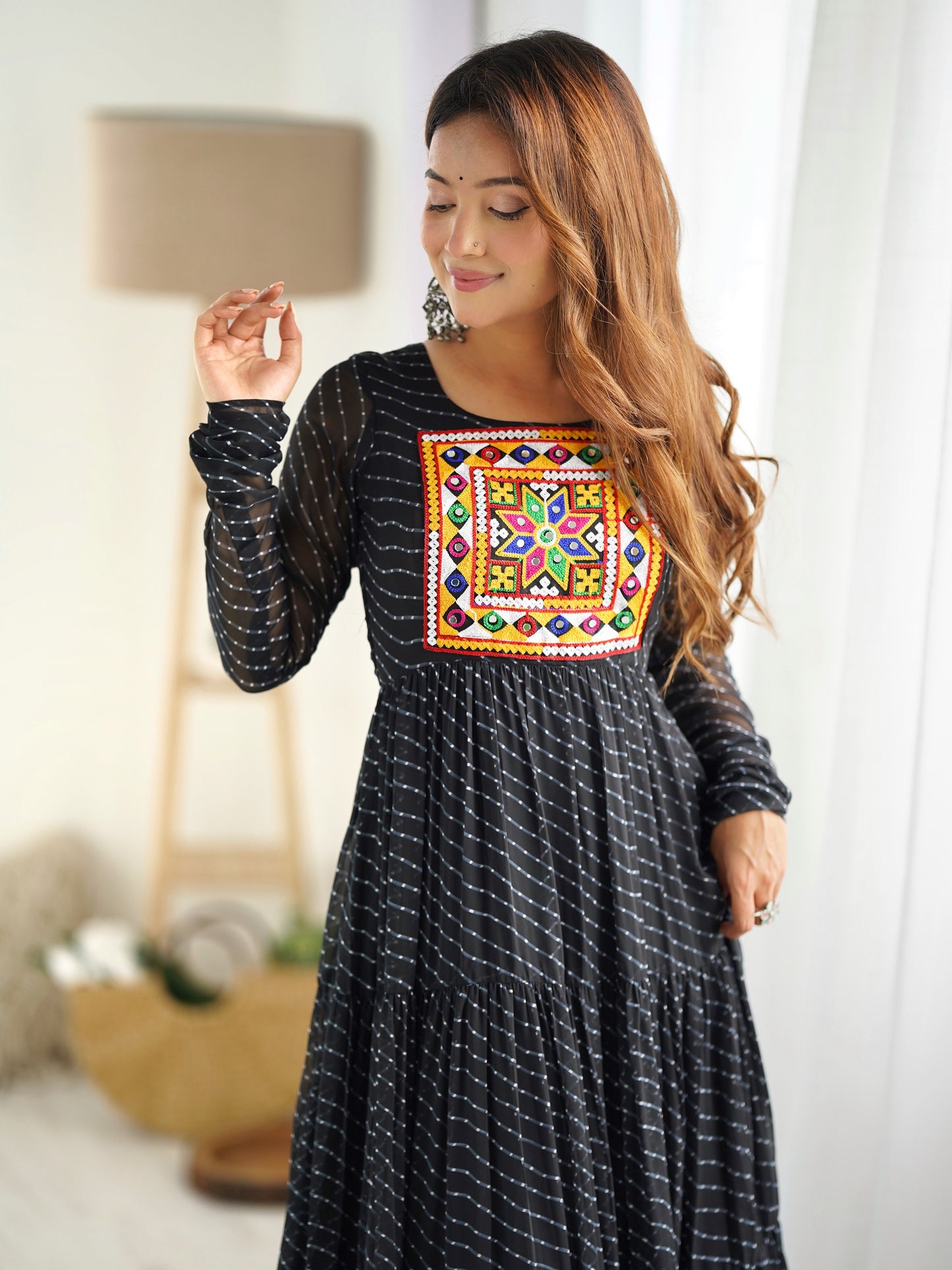 Attractive Black Leheriya Printed Georgette Event Wear Gown
