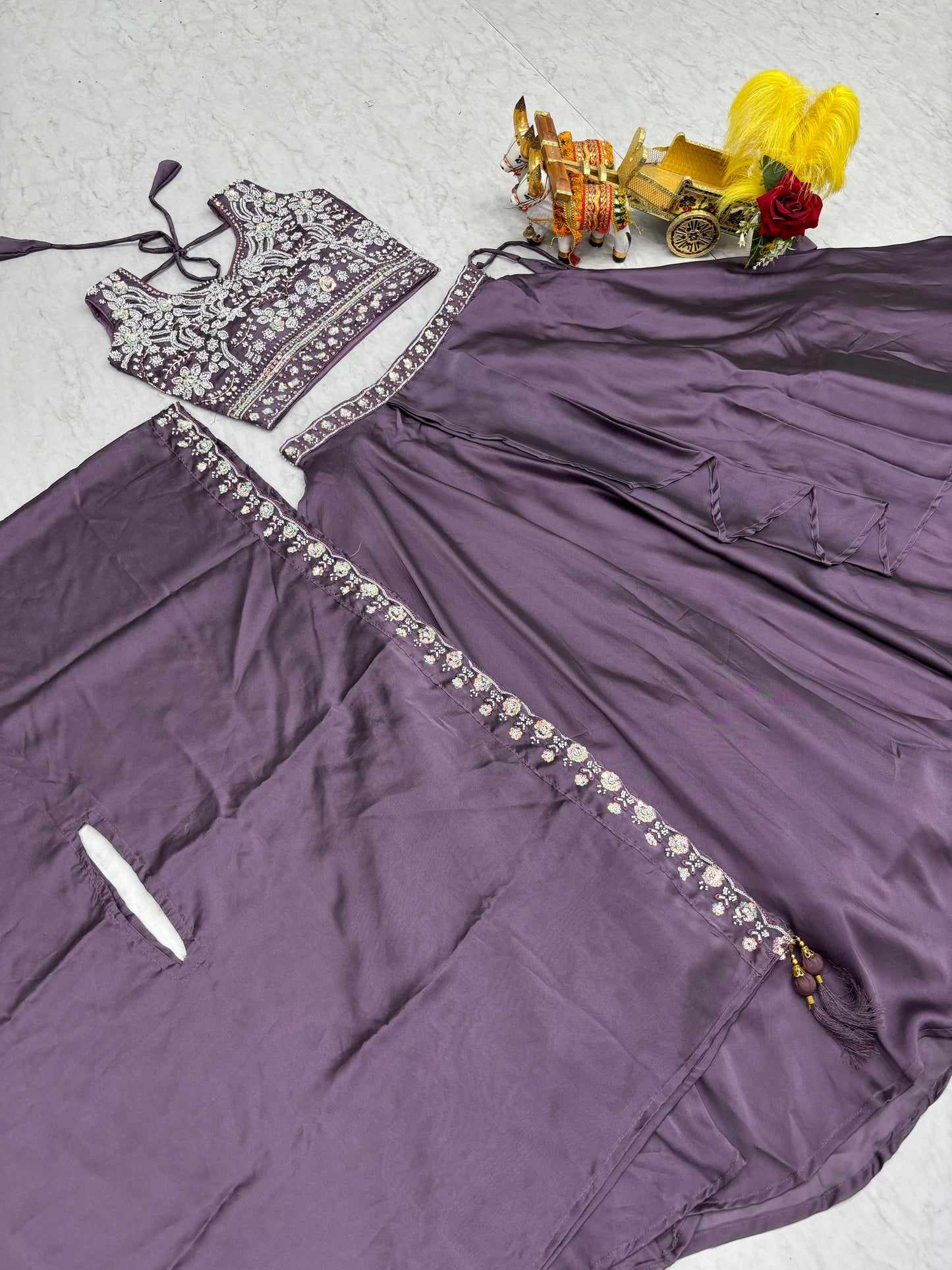 Chic Purple Embroidered Silk Engagement Lehenga Choli