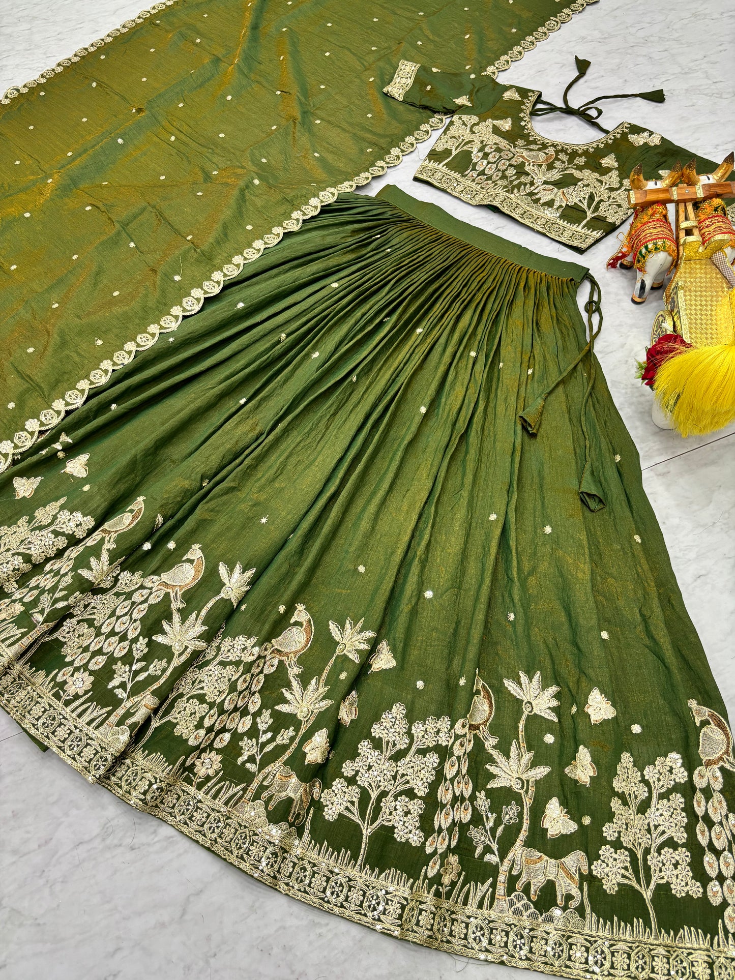 Precious Green Embroidered Silk Mehndi Wear Lehenga Choli