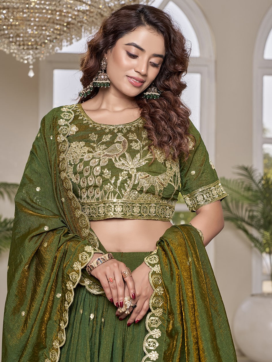 Precious Green Embroidered Silk Mehndi Wear Lehenga Choli