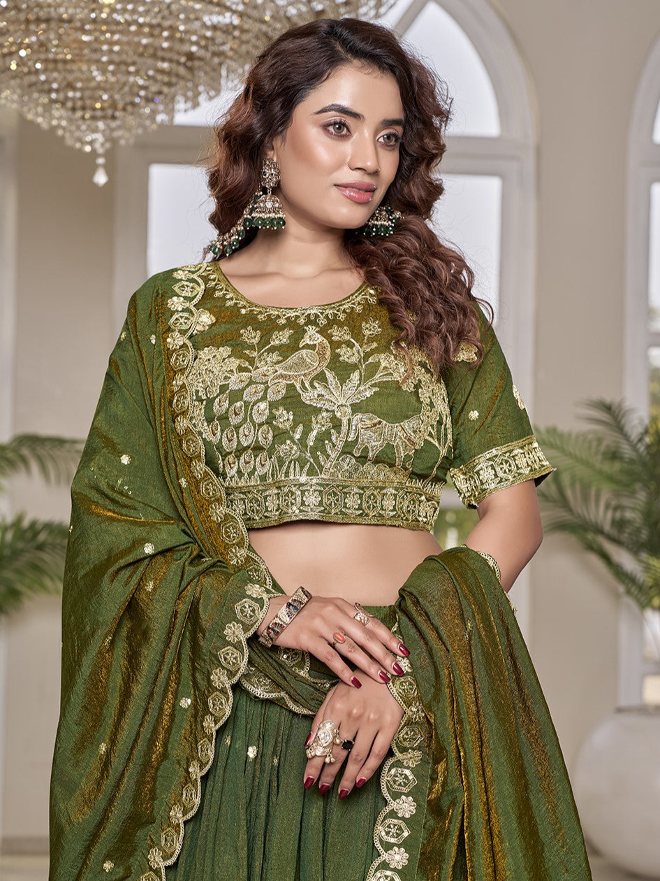 Precious Green Embroidered Silk Mehndi Wear Lehenga Choli
