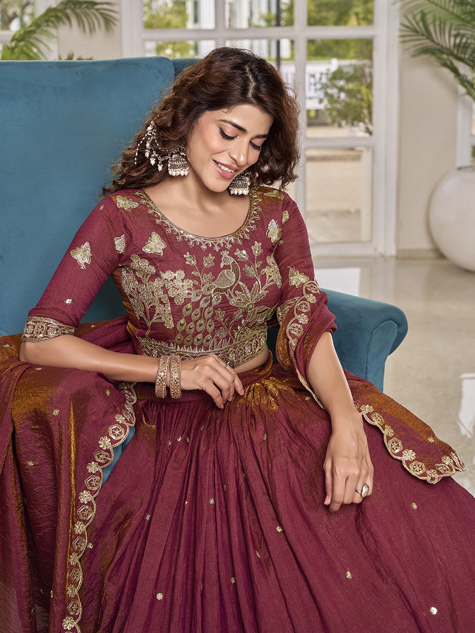 Alluring Coral Red Embroidered Silk Engagement Lehenga Choli