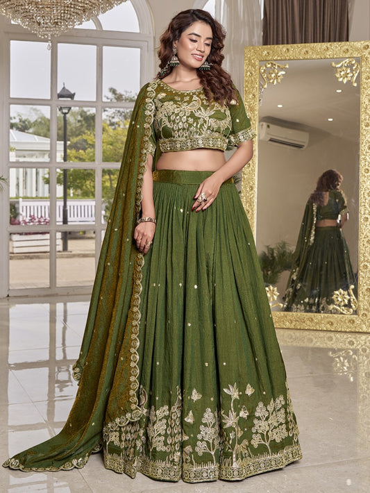 Precious Green Embroidered Silk Mehndi Wear Lehenga Choli