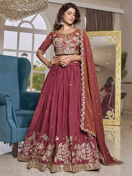 Alluring Coral Red Embroidered Silk Engagement Lehenga Choli