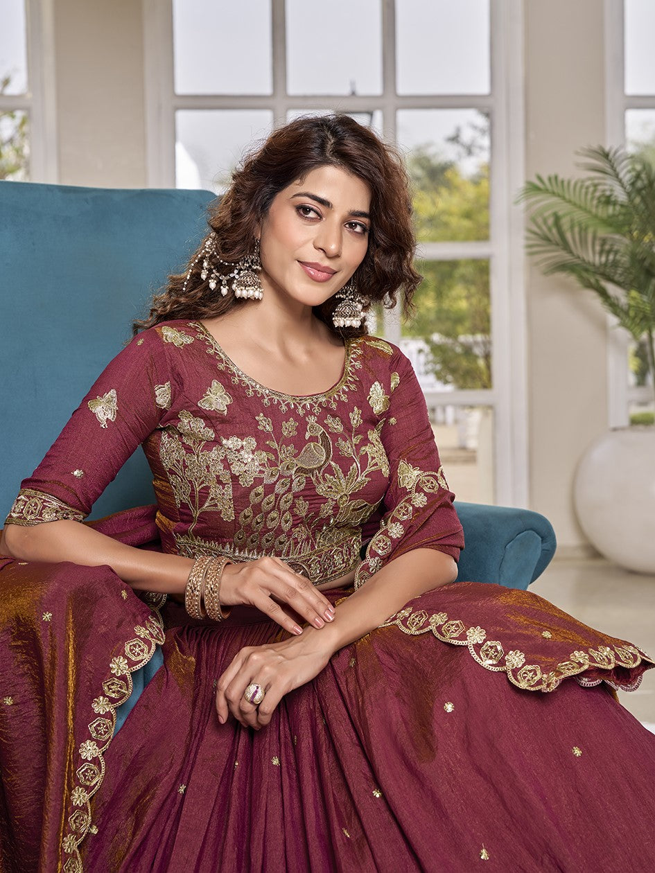 Alluring Coral Red Embroidered Silk Engagement Lehenga Choli