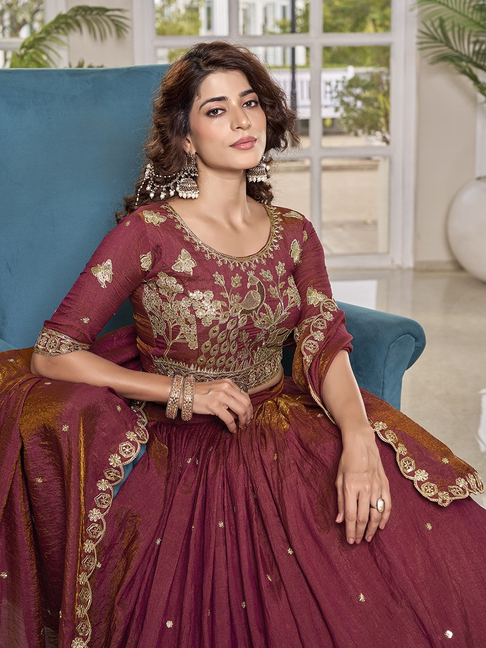 Alluring Coral Red Embroidered Silk Engagement Lehenga Choli