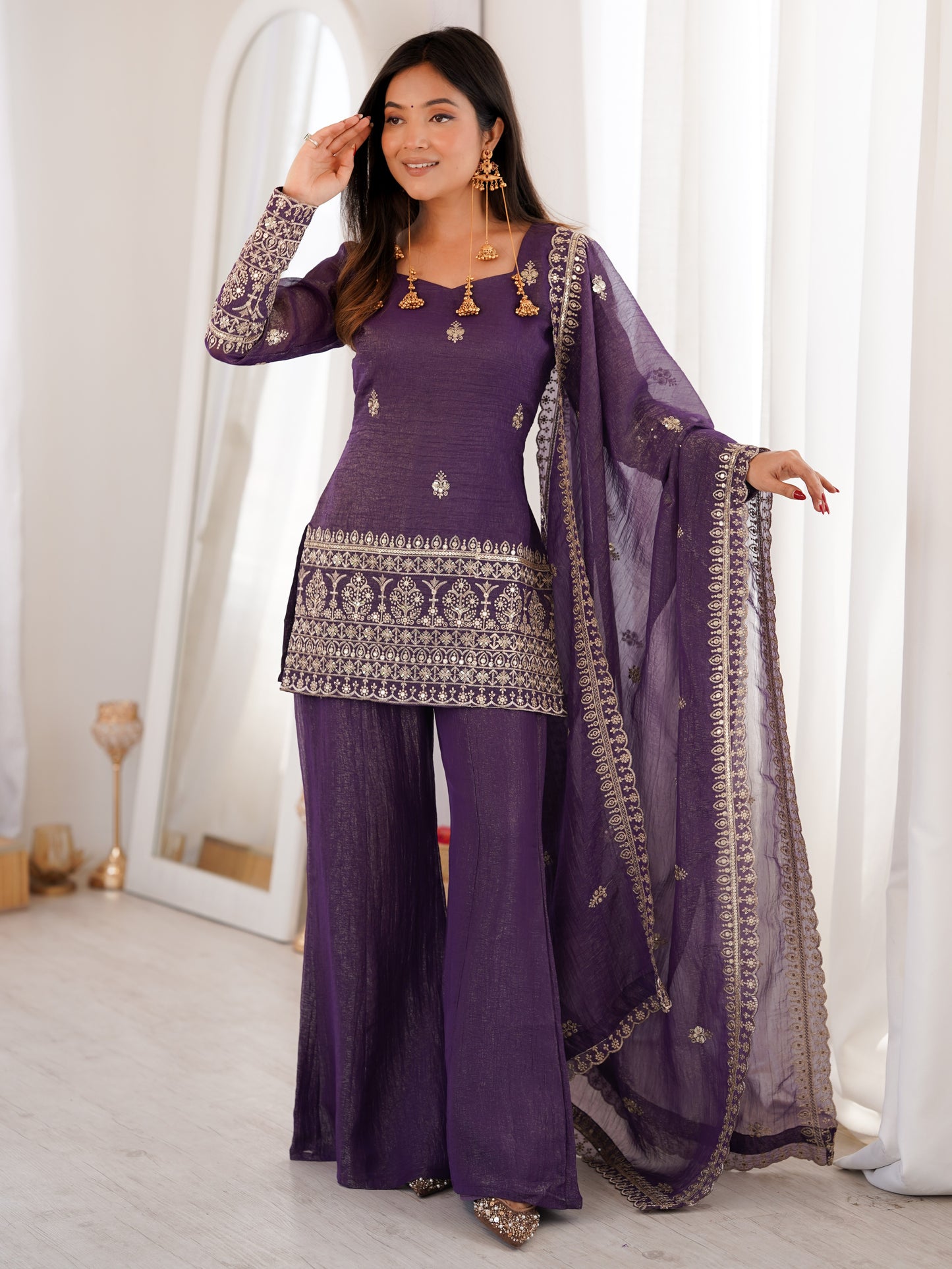 Dazzling Purple Embroidery Crunchy Silk Designer Palazzo Suit