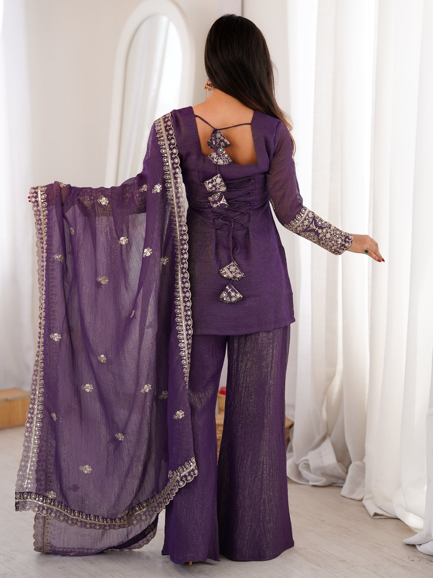 Dazzling Purple Embroidery Crunchy Silk Designer Palazzo Suit