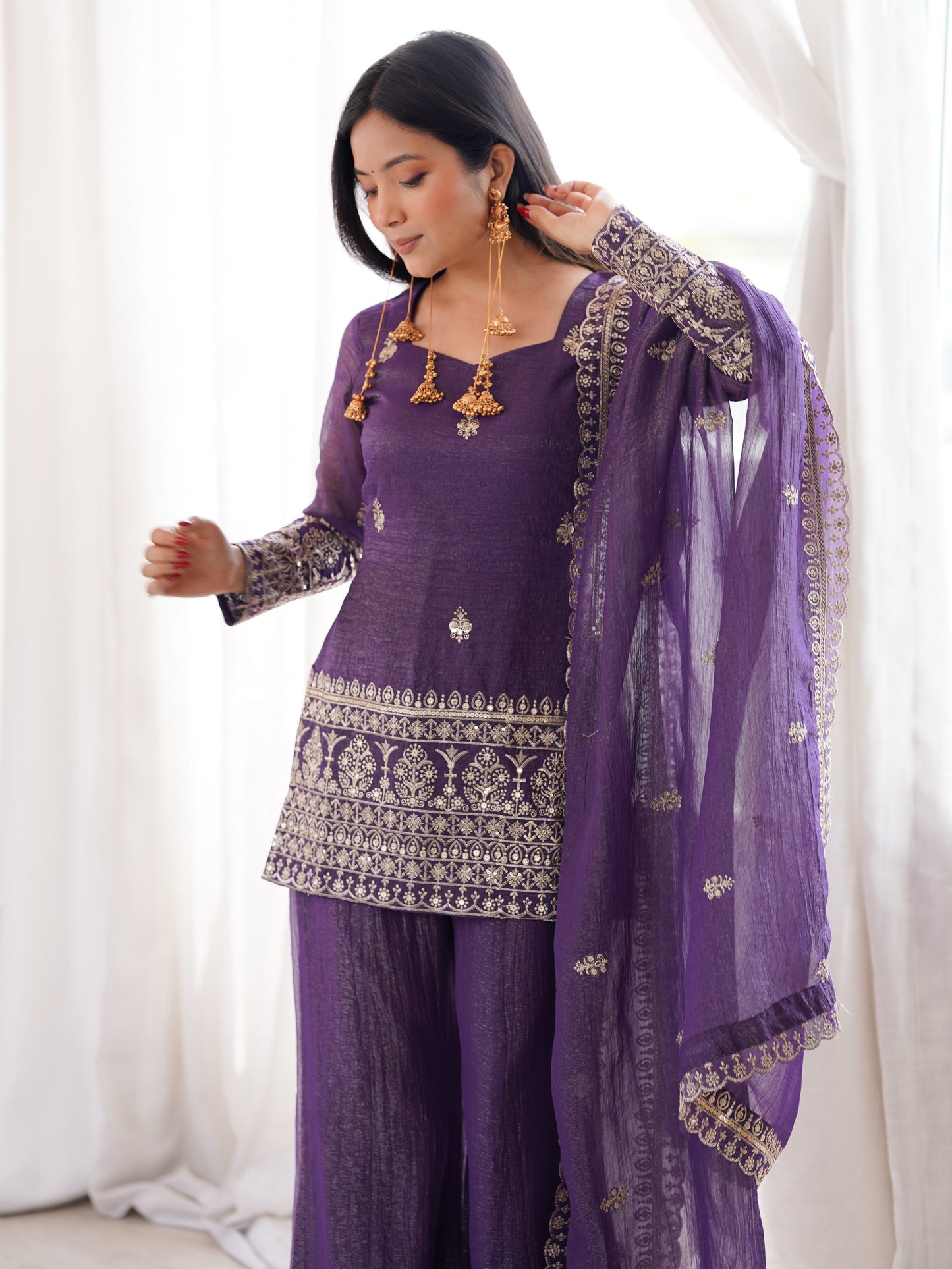 Dazzling Purple Embroidery Crunchy Silk Designer Palazzo Suit