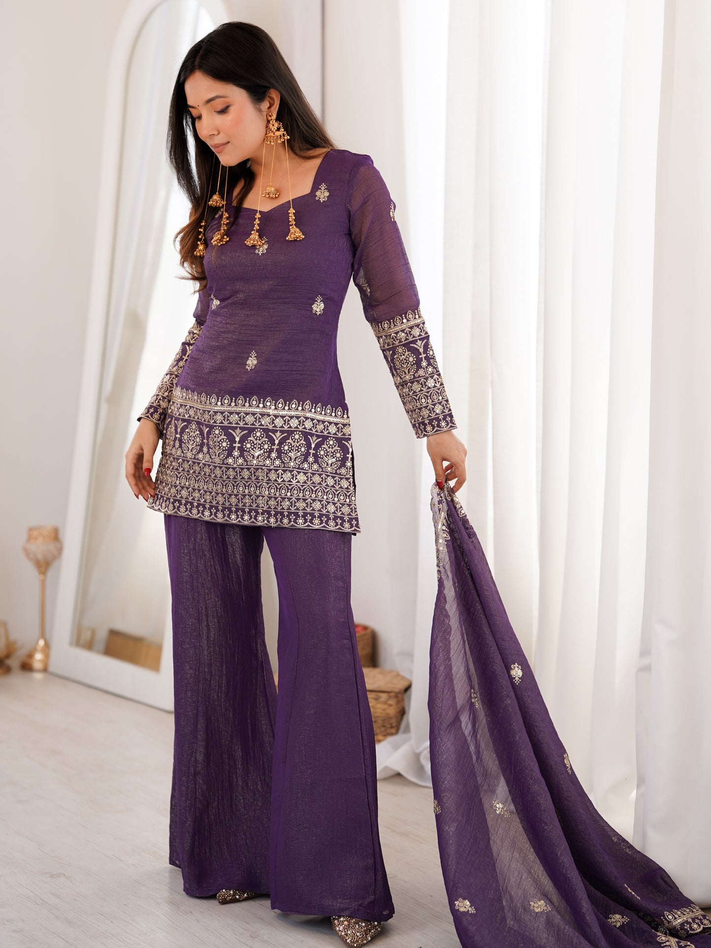Dazzling Purple Embroidery Crunchy Silk Designer Palazzo Suit