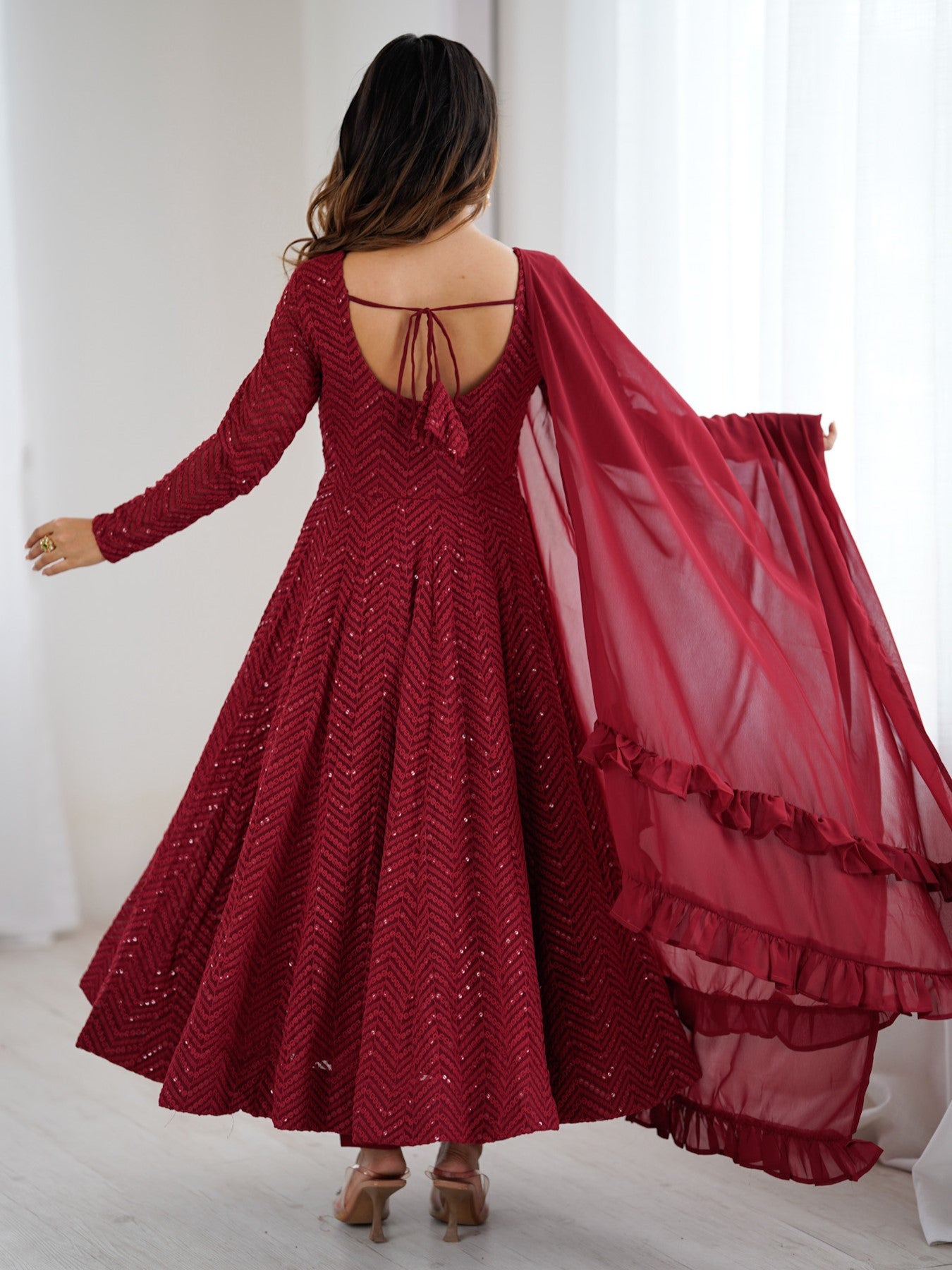 Adorable Maroon Embroidered Georgette Engagement Anarkali Suit