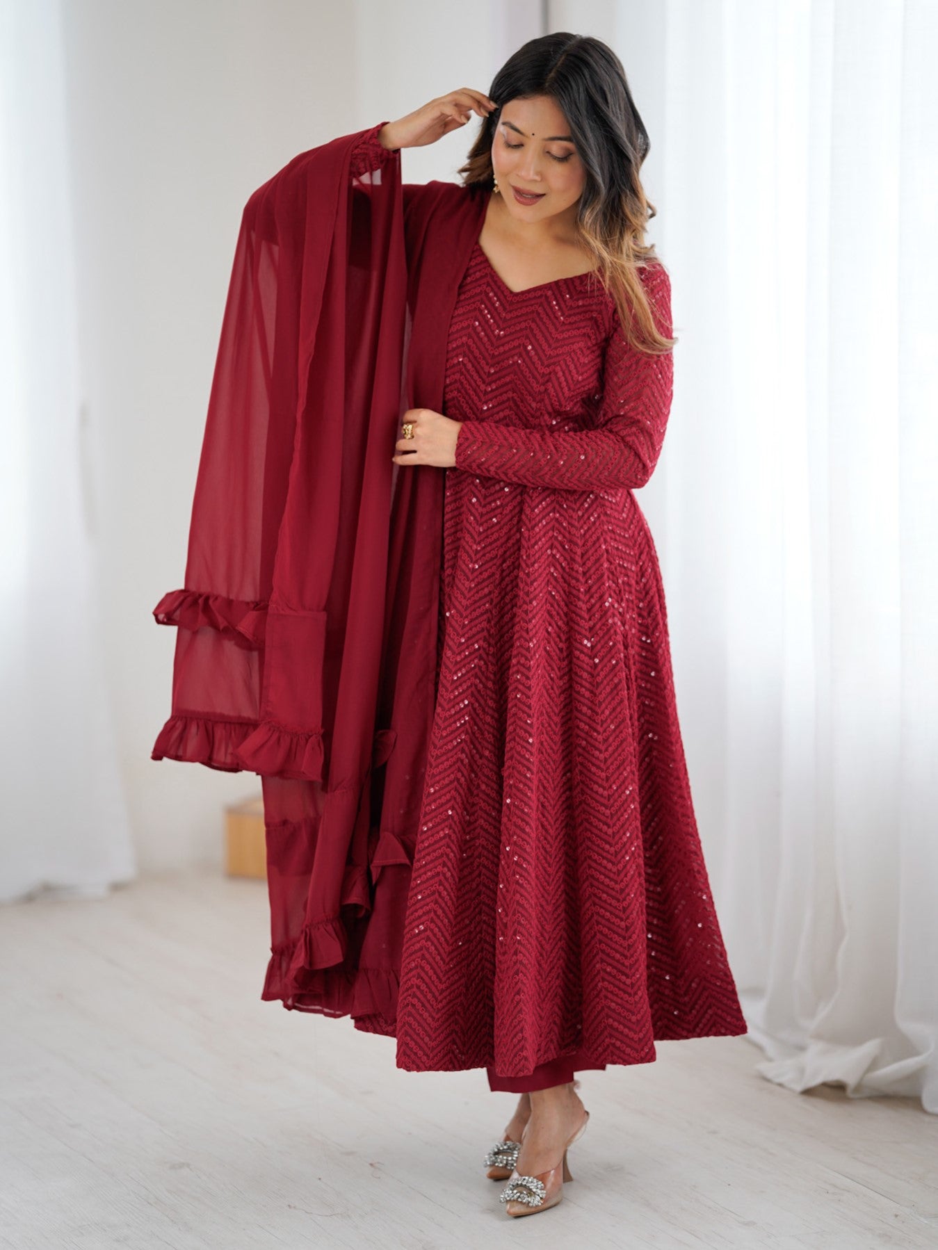 Adorable Maroon Embroidered Georgette Engagement Anarkali Suit