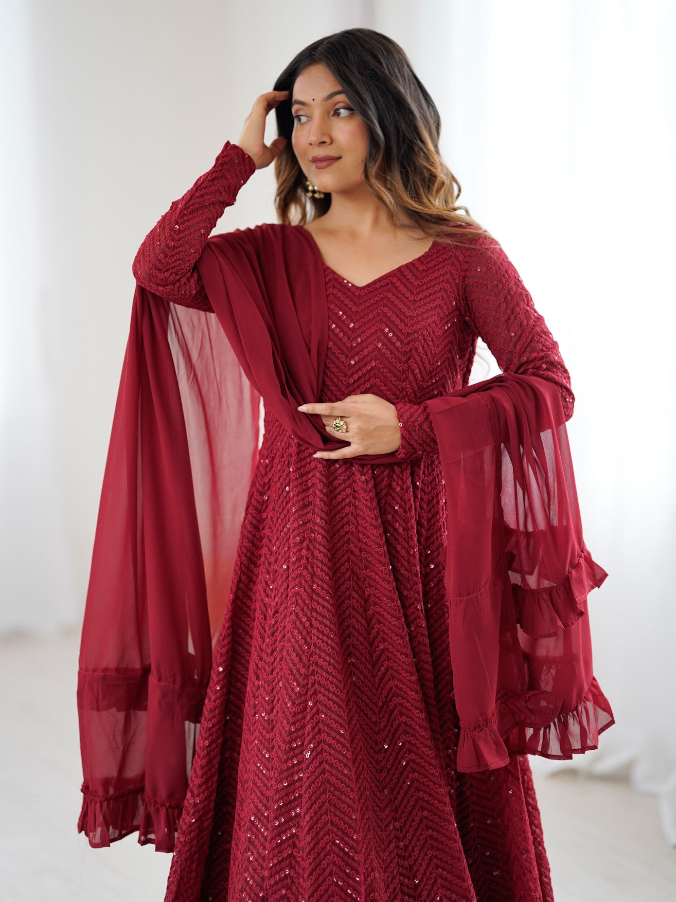 Adorable Maroon Embroidered Georgette Engagement Anarkali Suit