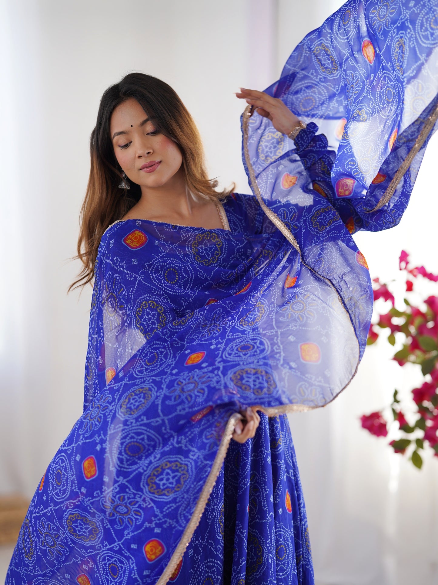 Beautiful Blue Bandhani Printed Chiffon Anarkali Gown