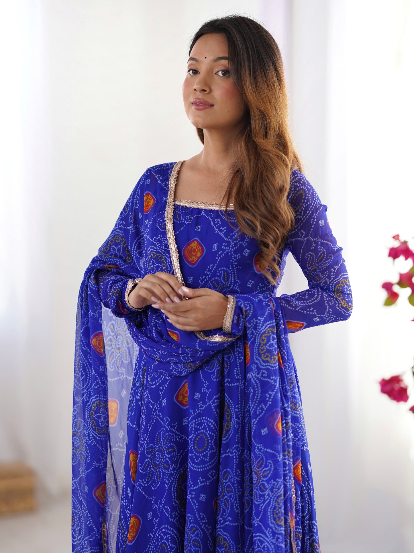 Beautiful Blue Bandhani Printed Chiffon Anarkali Gown