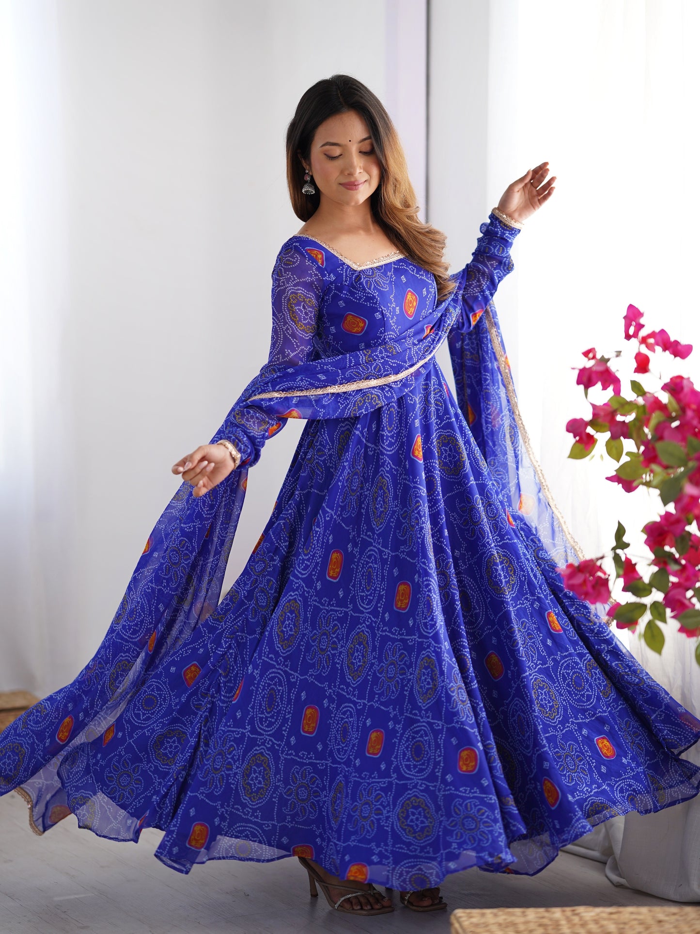 Beautiful Blue Bandhani Printed Chiffon Anarkali Gown