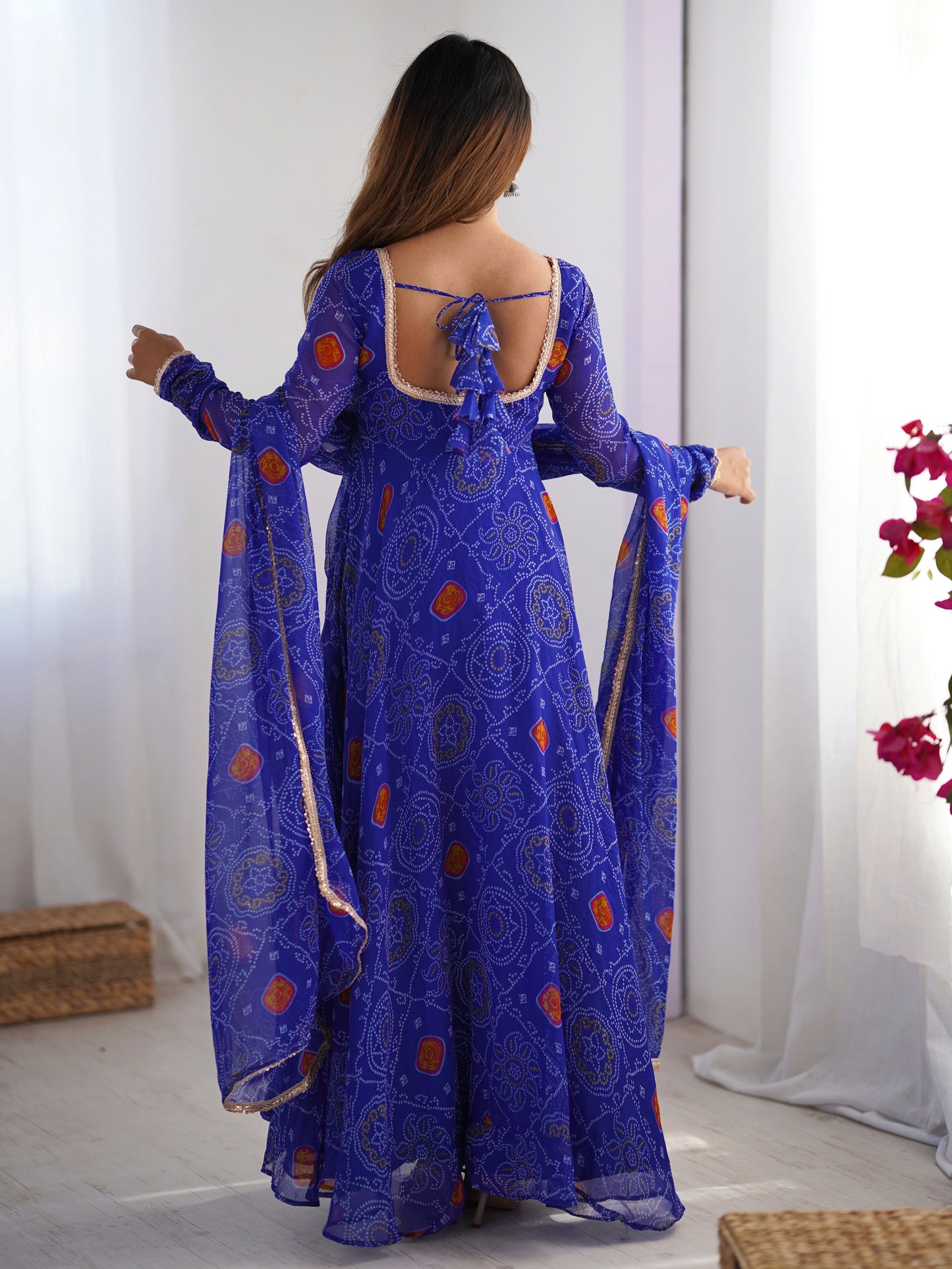 Beautiful Blue Bandhani Printed Chiffon Anarkali Gown