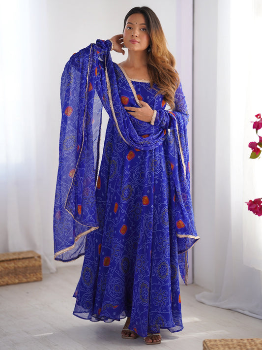 Beautiful Blue Bandhani Printed Chiffon Anarkali Gown