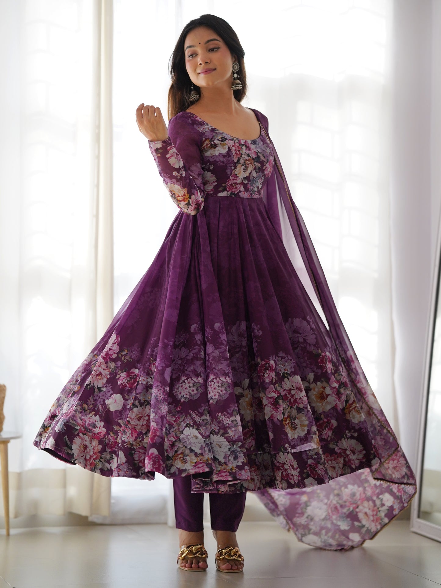 Beautiful Purple Floral Printed Organza Festive Anarkali Suit