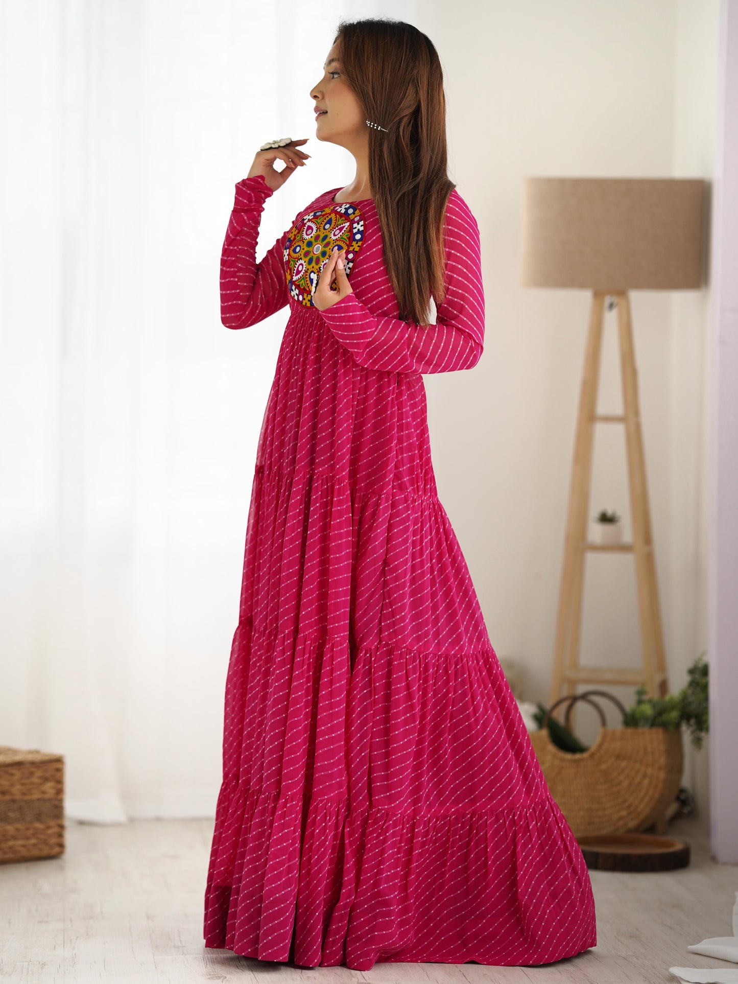 Spectacular Pink Leheriya Printed Georgette Sangeet Wear Gown