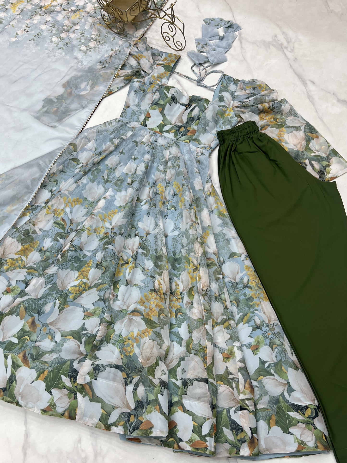 Beautiful Green Floral Printed Organza Designer Anarkali Suit