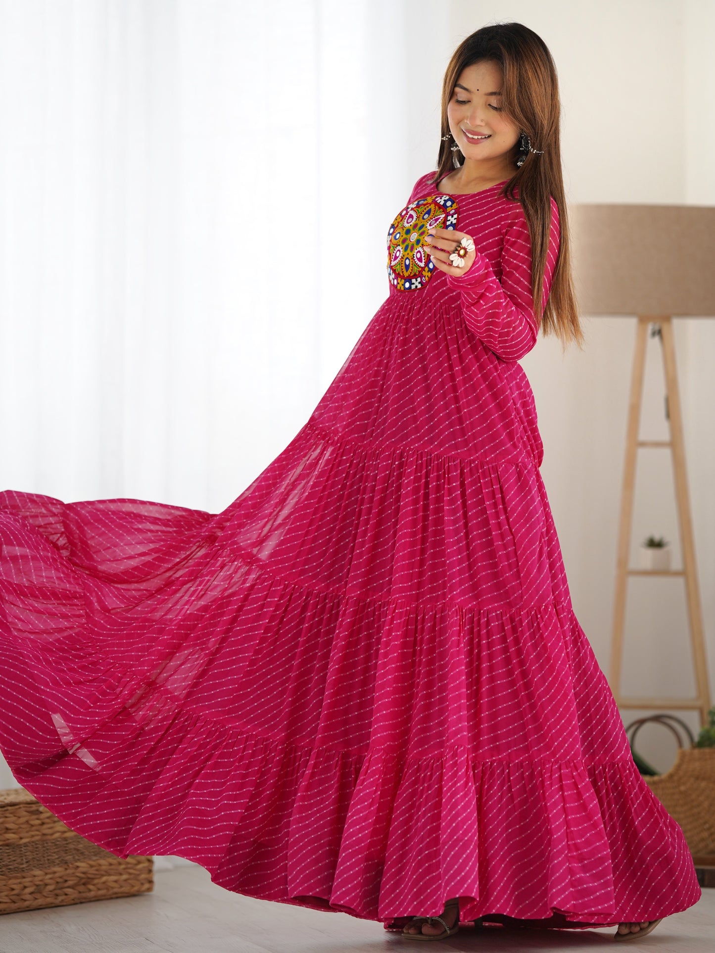 Spectacular Pink Leheriya Printed Georgette Sangeet Wear Gown