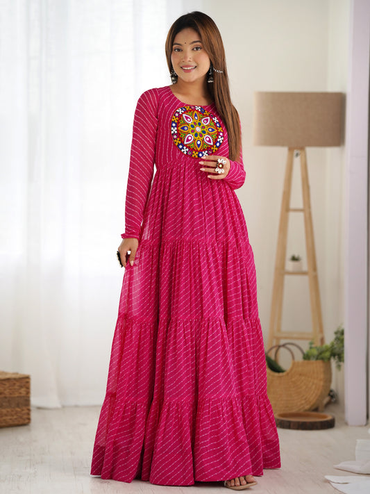 Spectacular Pink Leheriya Printed Georgette Sangeet Wear Gown