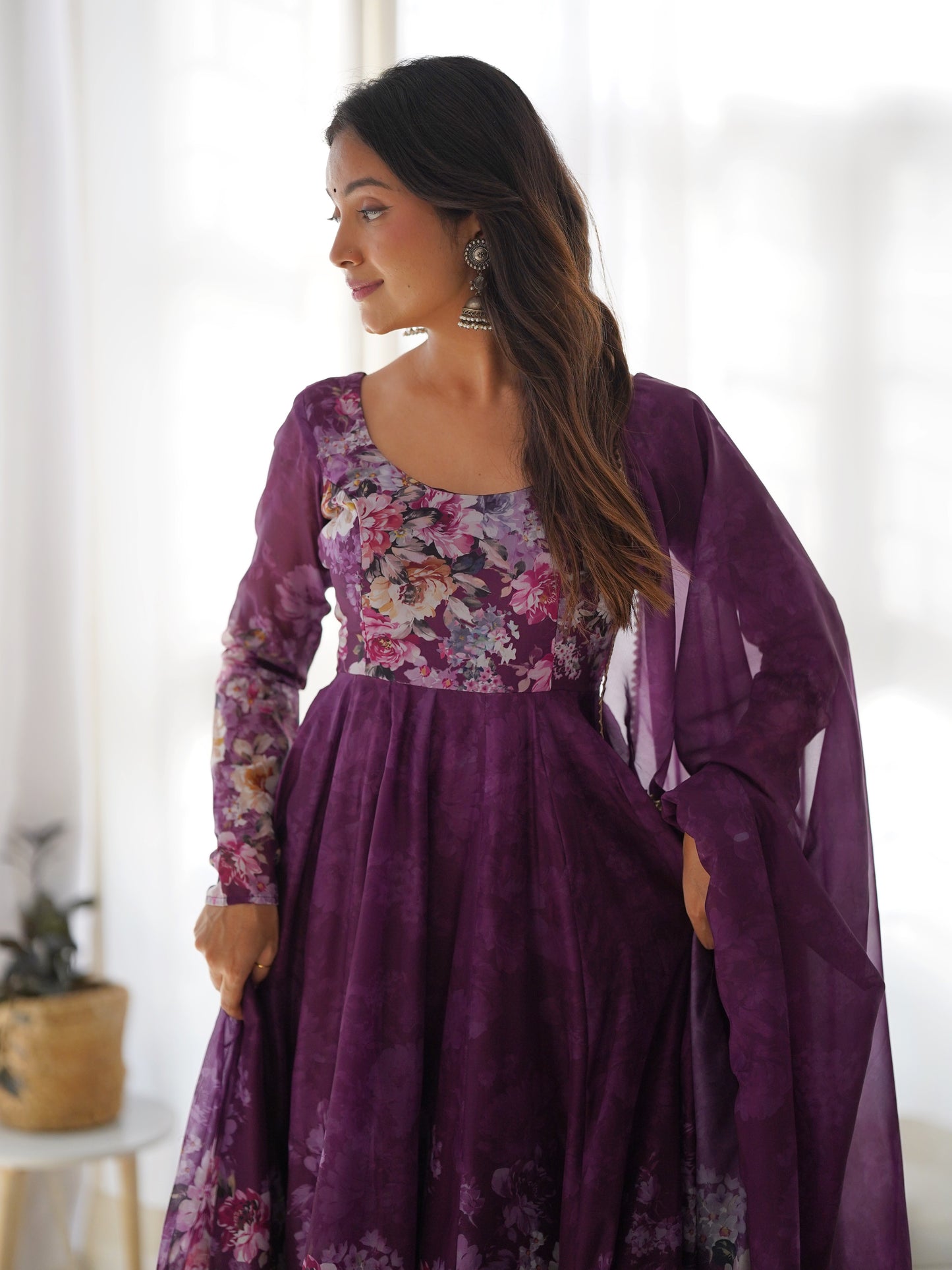 Beautiful Purple Floral Printed Organza Festive Anarkali Suit
