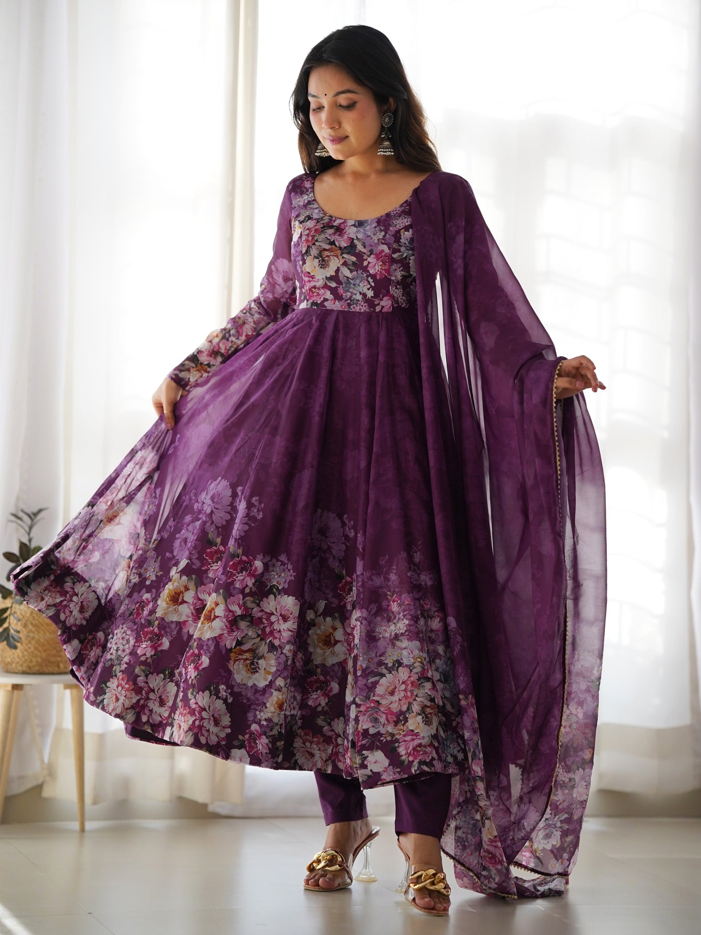 Beautiful Purple Floral Printed Organza Festive Anarkali Suit