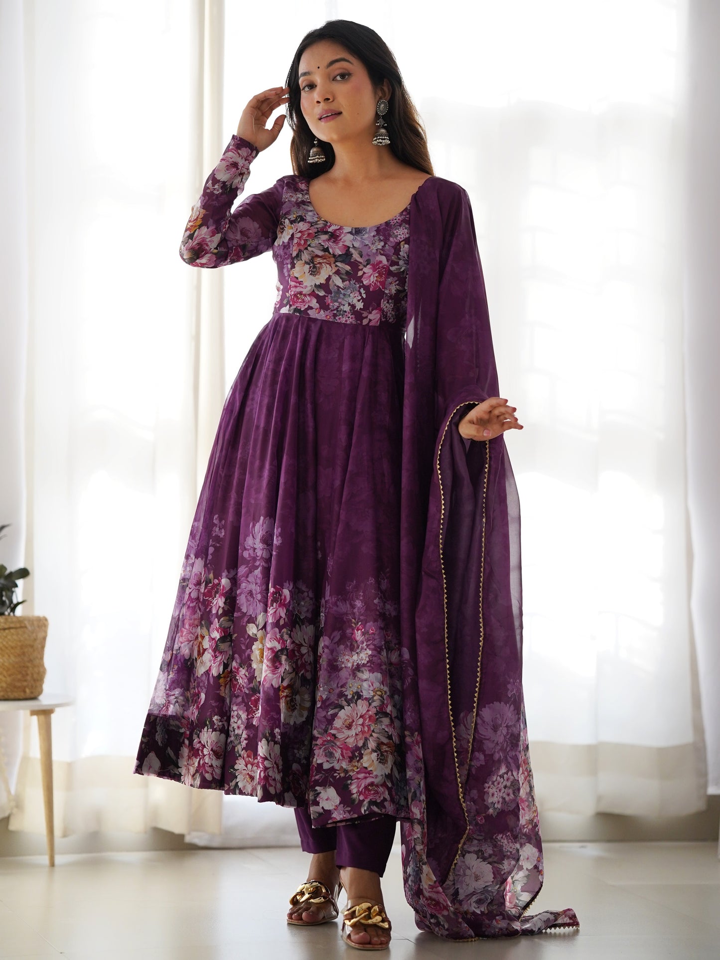 Beautiful Purple Floral Printed Organza Festive Anarkali Suit