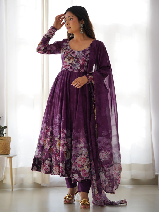 Beautiful Purple Floral Printed Organza Festive Anarkali Suit