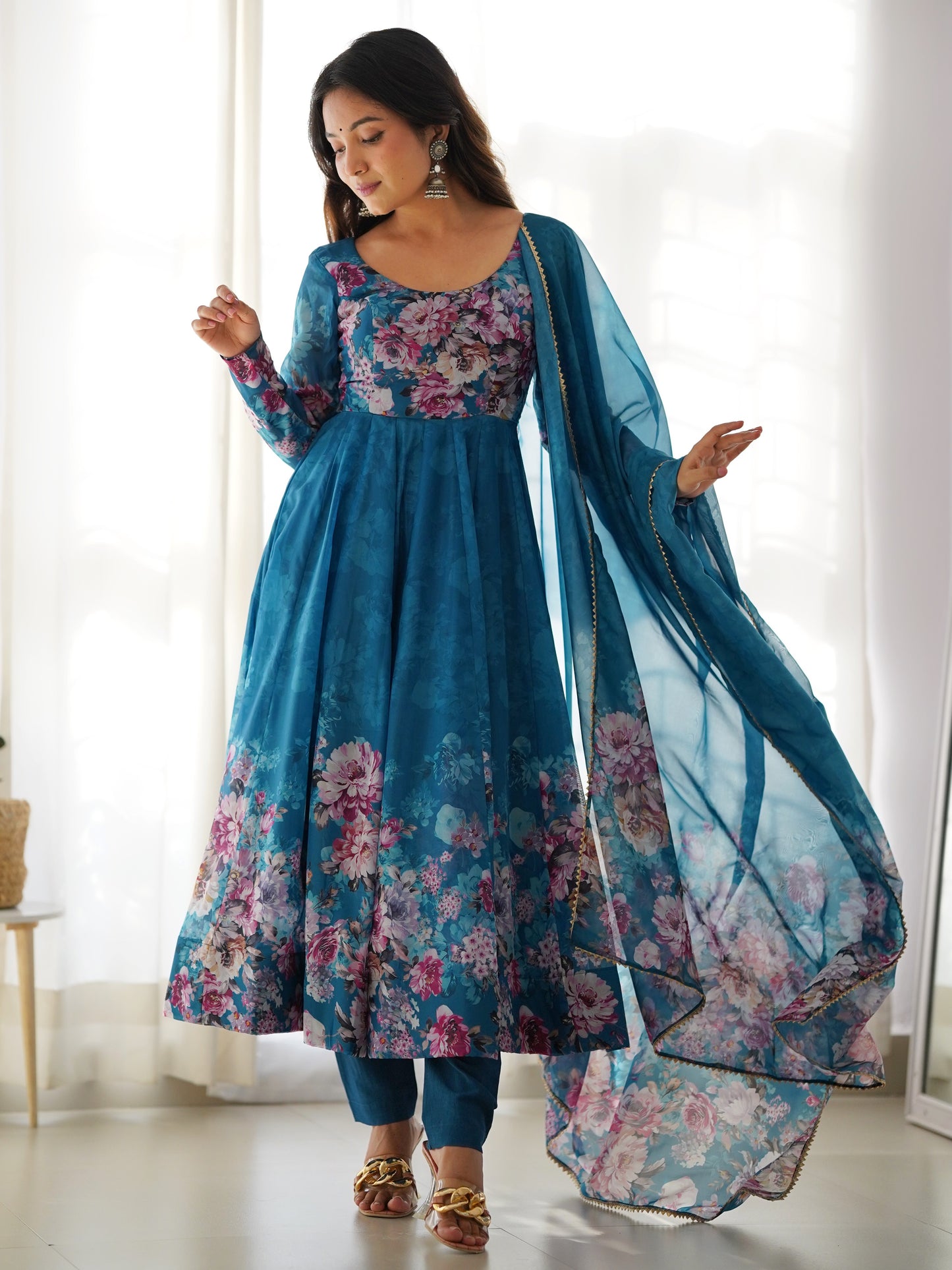 Attractive Blue floral Printed Organza Event Wear Anarkali