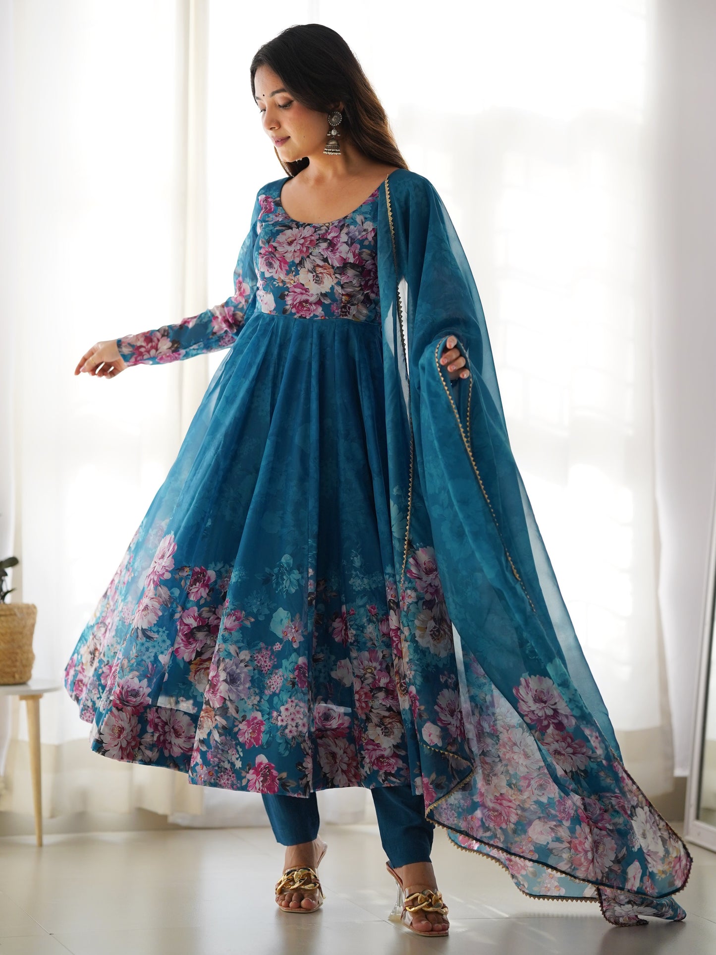 Attractive Blue floral Printed Organza Event Wear Anarkali