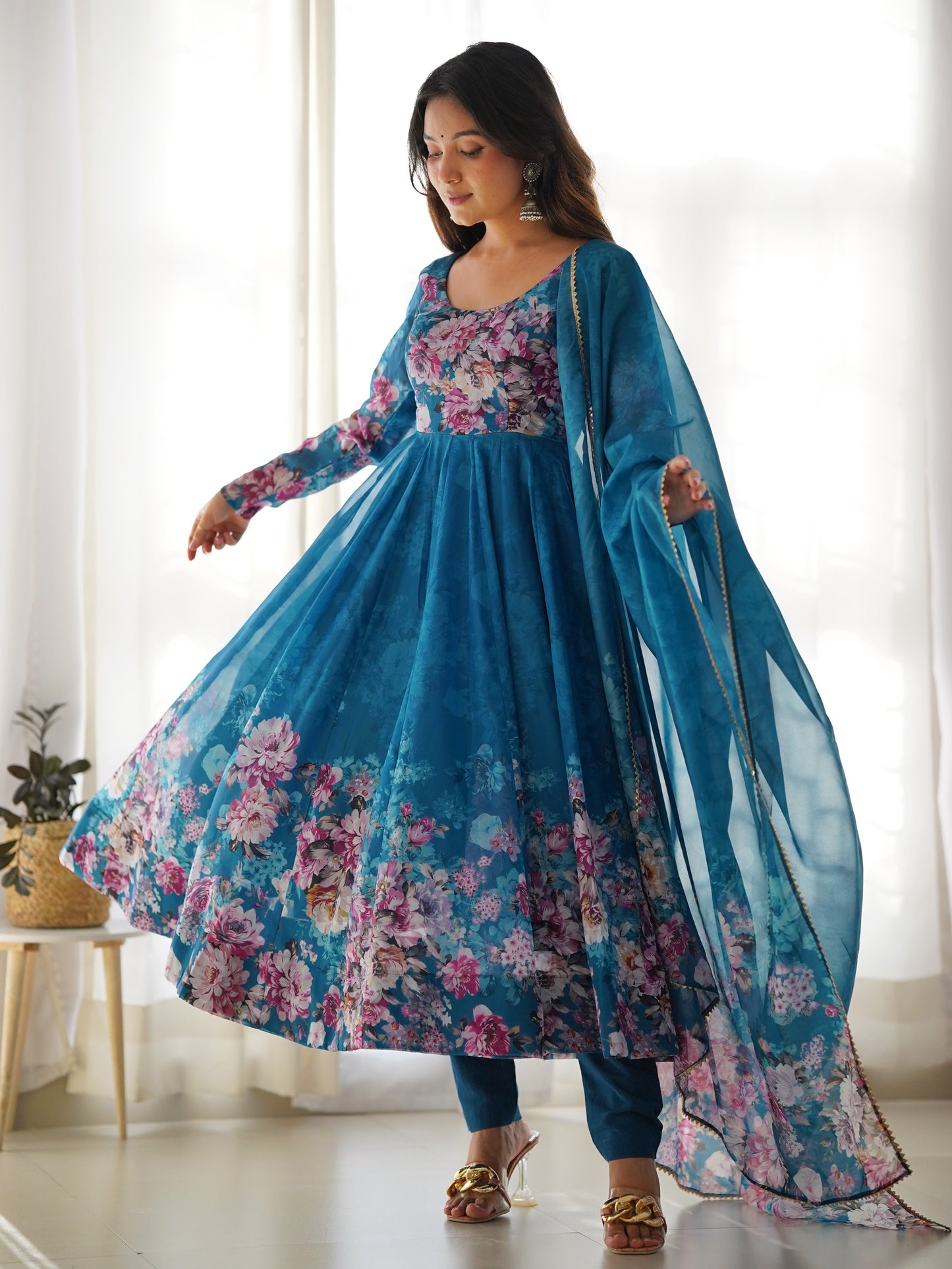 Attractive Blue floral Printed Organza Event Wear Anarkali