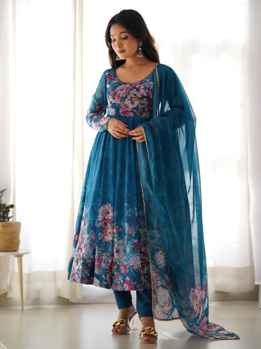 Attractive Blue floral Printed Organza Event Wear Anarkali