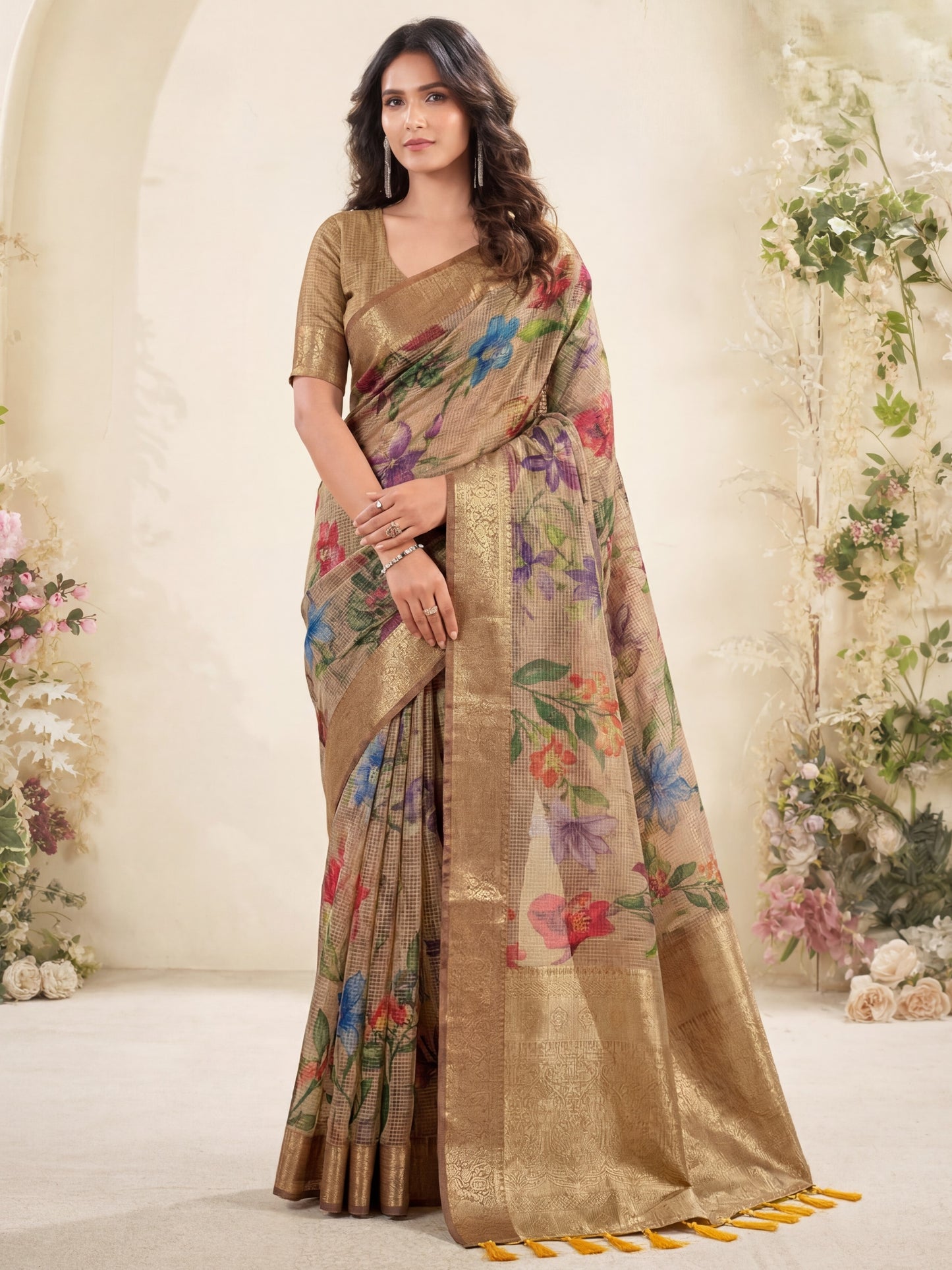 Bewitching Brown Zari Work Silk Engagement Wear Saree