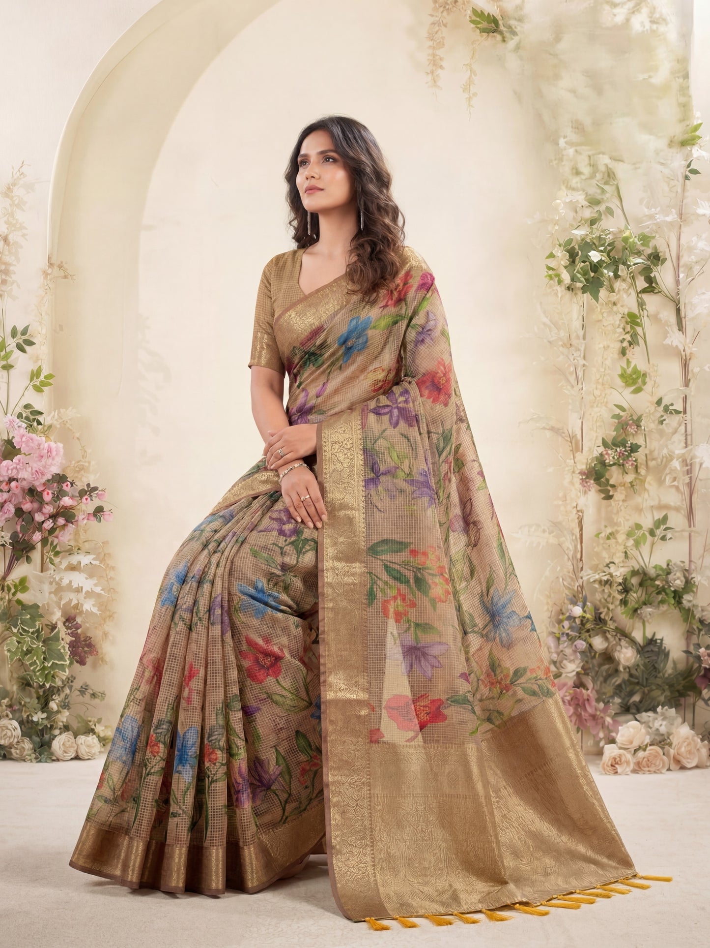 Bewitching Brown Zari Work Silk Engagement Wear Saree