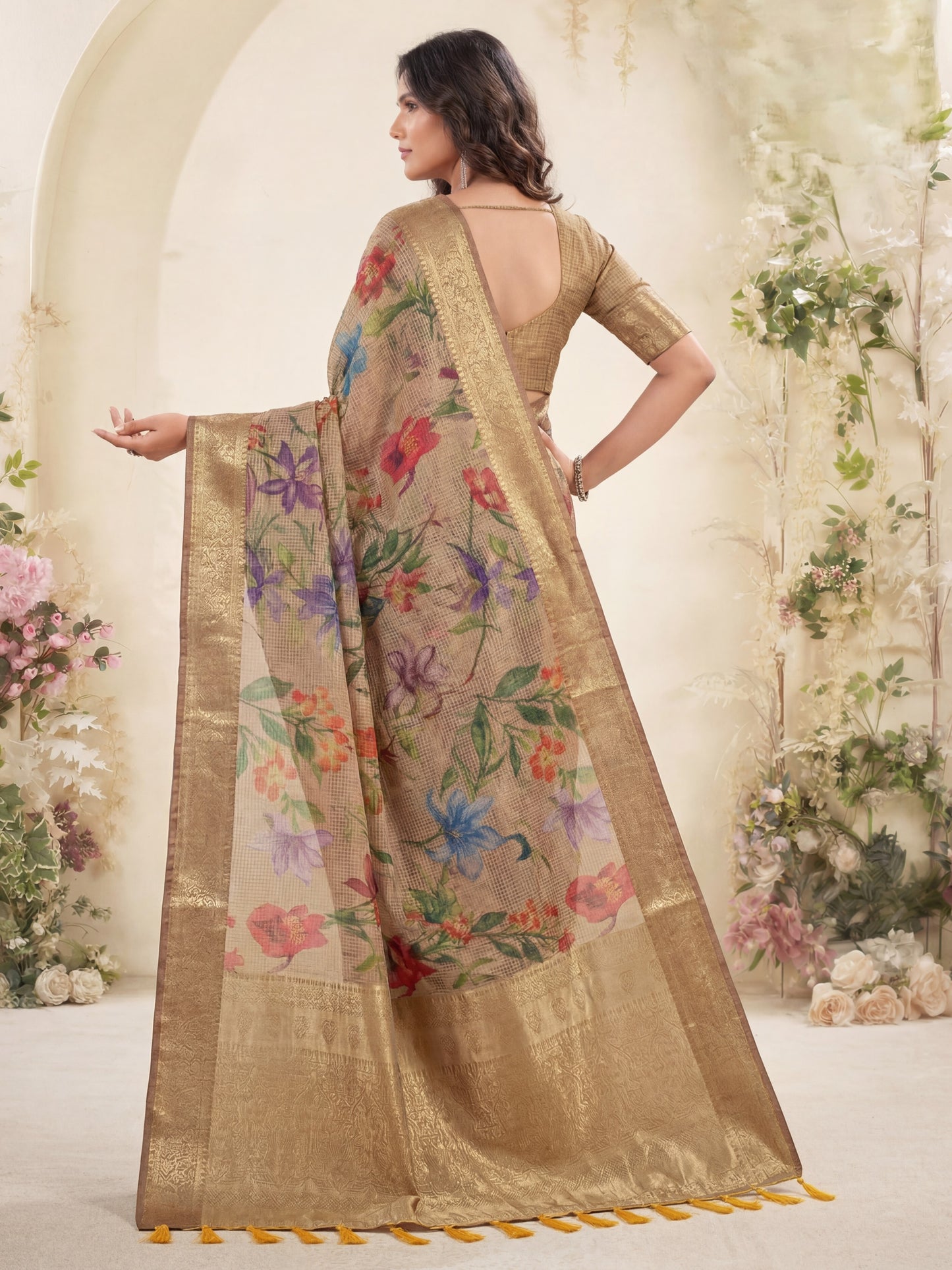 Bewitching Brown Zari Work Silk Engagement Wear Saree
