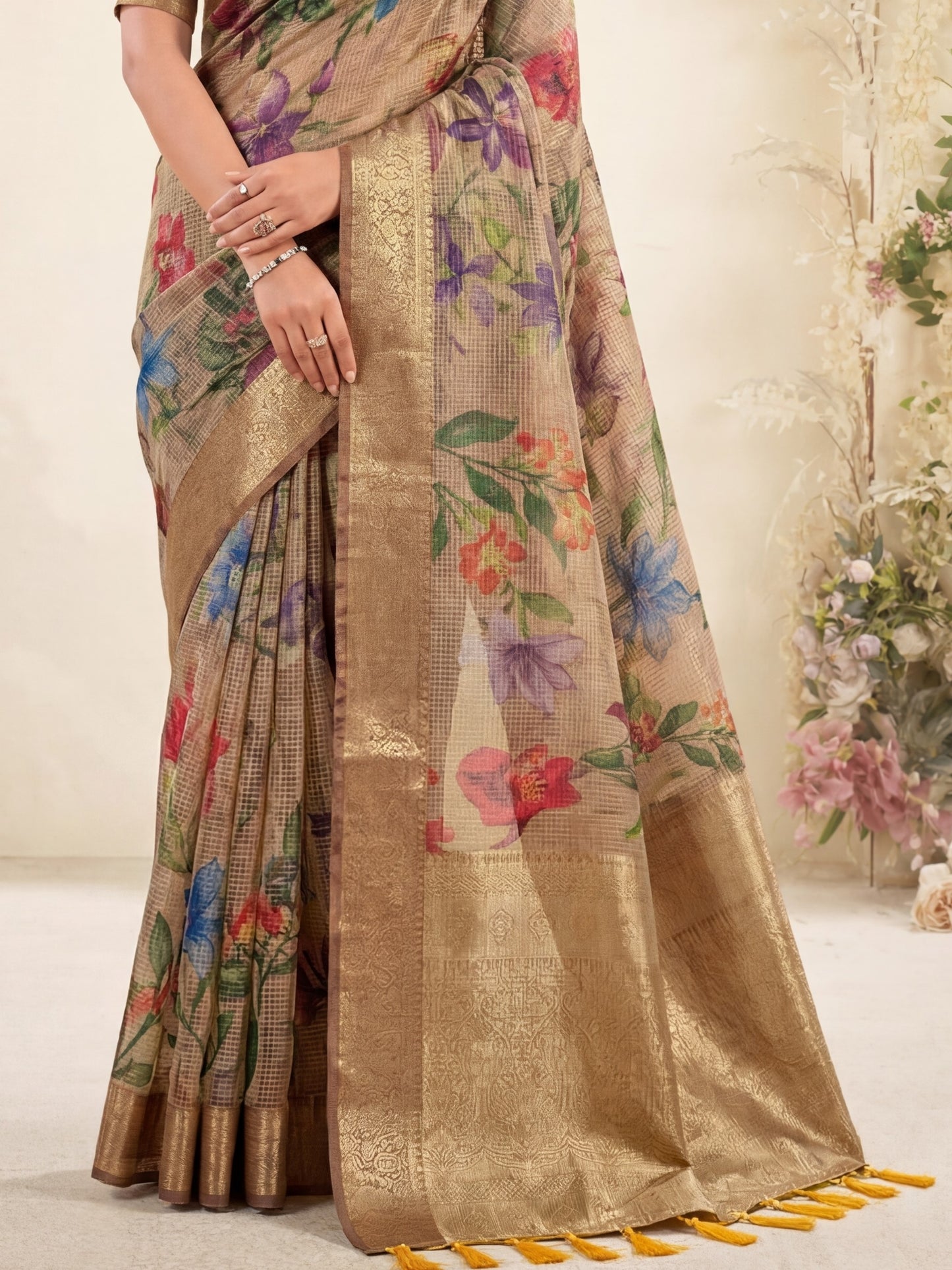 Bewitching Brown Zari Work Silk Engagement Wear Saree