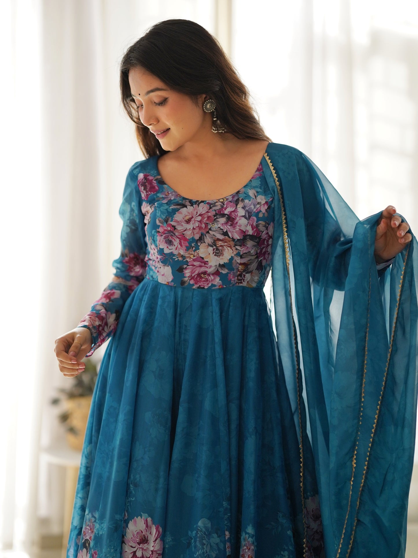 Attractive Blue floral Printed Organza Event Wear Anarkali