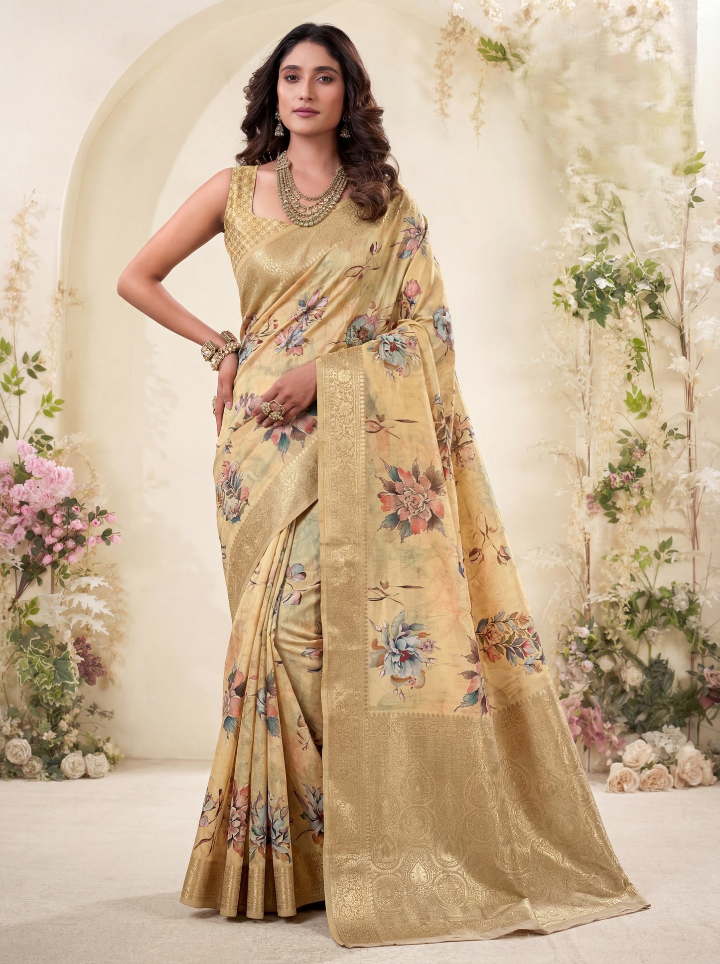 Astonishing Yellow Floral Printed Silk Haldi Wear Saree