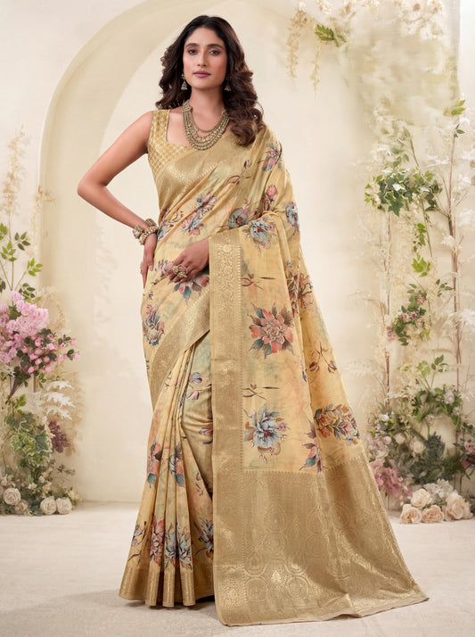 Astonishing Yellow Floral Printed Silk Haldi Wear Saree