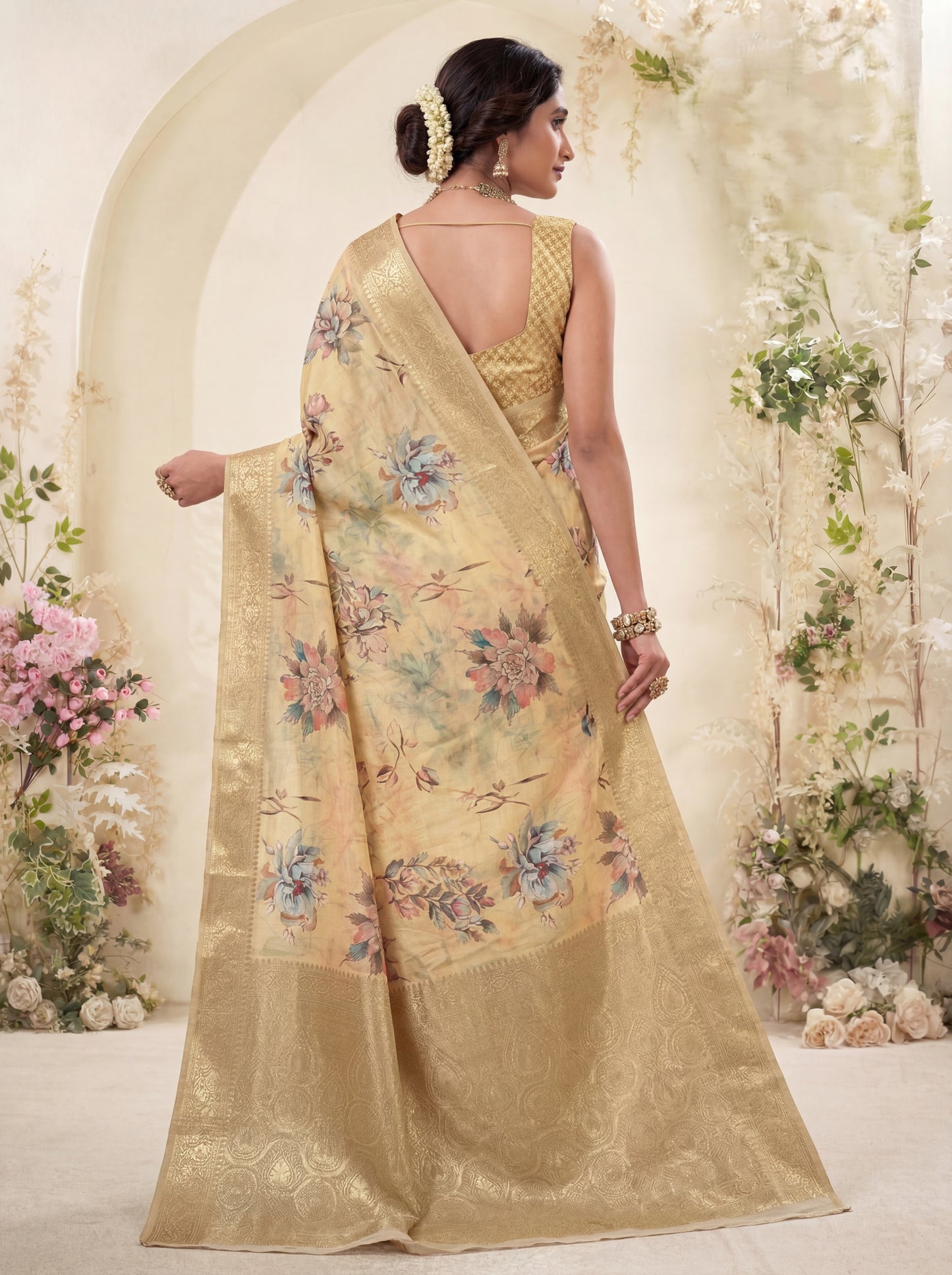 Astonishing Yellow Floral Printed Silk Haldi Wear Saree