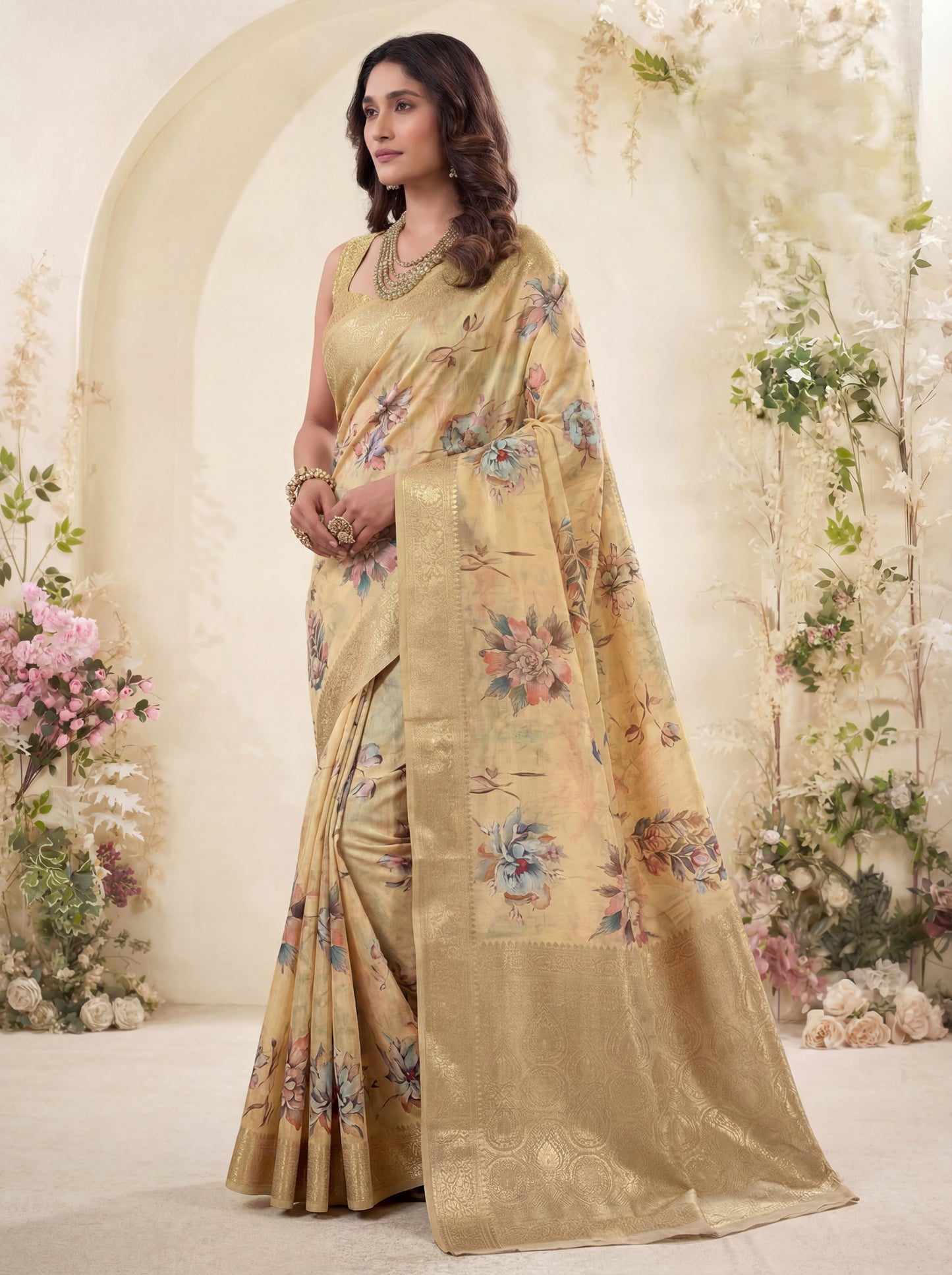 Astonishing Yellow Floral Printed Silk Haldi Wear Saree