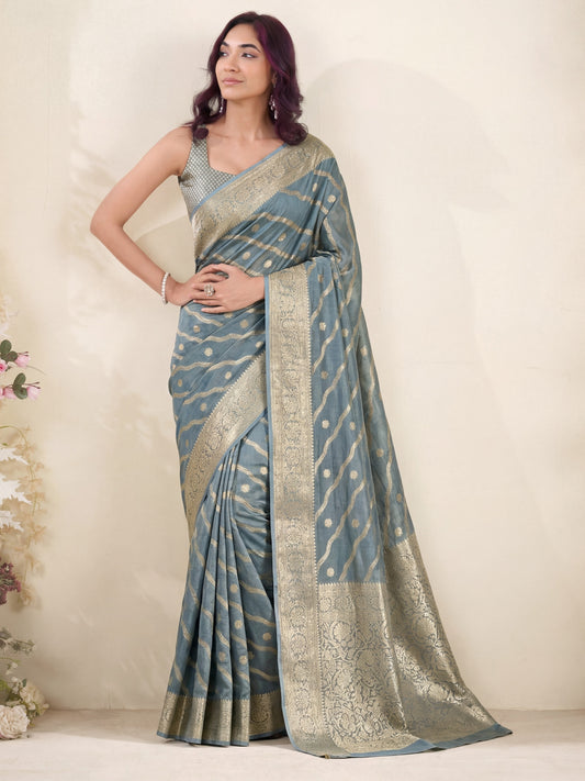Marvelous Blue Zari Weaving  Silk Engagement Wear Saree