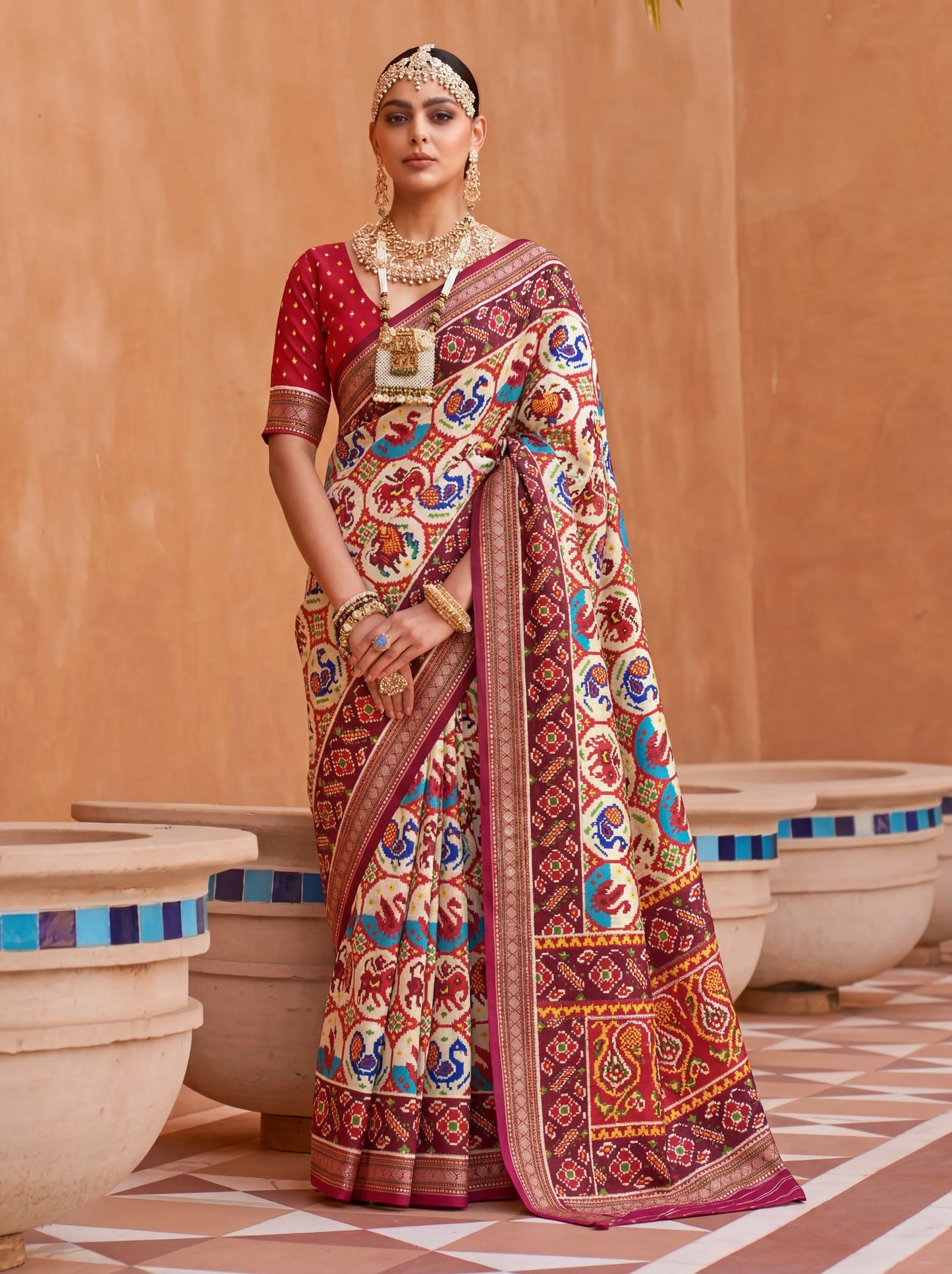 Marvelous White Patola Printed Silk Traditional Saree